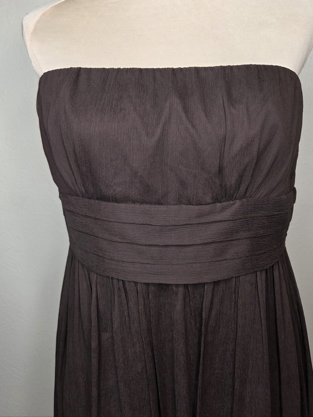 J. Crew Strapless Silk Dress Brown Empire Waist Pleated Midi Size 14 - Picture 2 of 7